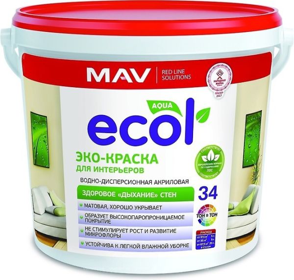 Эко-краска для интерьеров, 5л (7 кг), MAV ECOL 34 (МАВ ЭКОЛ 34)